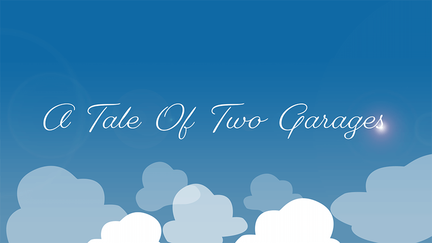 A Tale of Two Garages in cursive font with clouds towards the bottom of the image